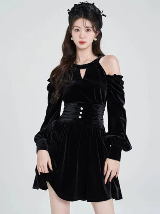 Off-Shoulder Halter Neck Black High End Velvet Dress