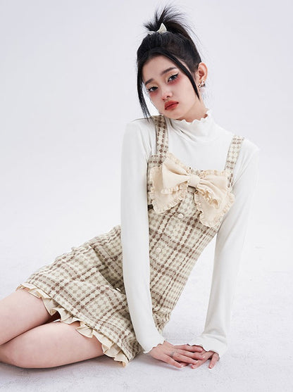 Retro check frill ribbon suspender dress