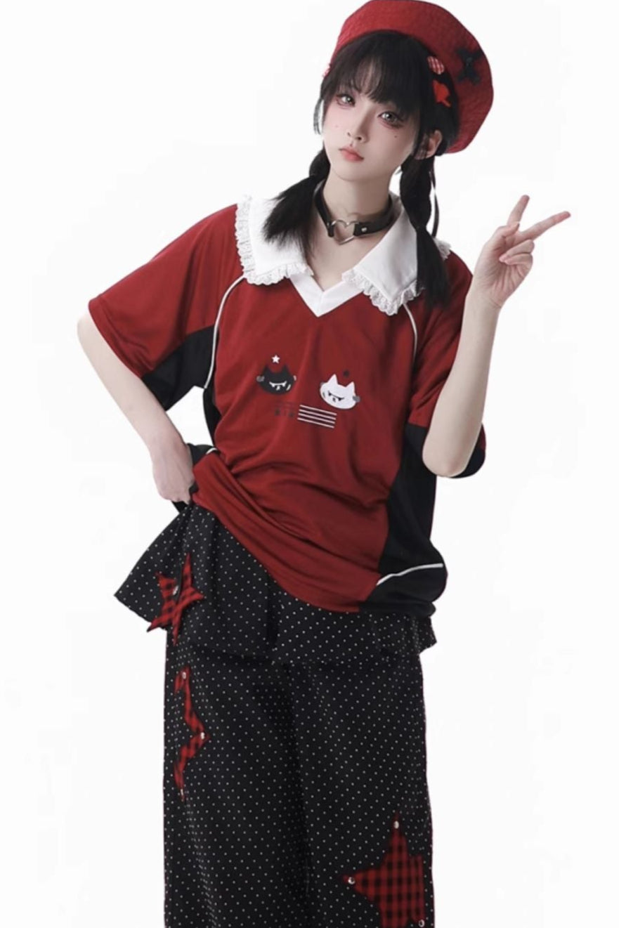 レースカラーオーバートップス＋バルーンスカート＋ロングパンツ＋レッグウォーマー