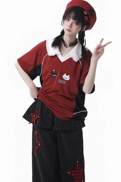 レースカラーオーバートップス＋バルーンスカート＋ロングパンツ＋レッグウォーマー