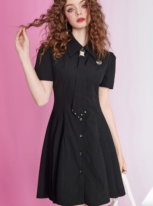 American Hot Girl Lapel Shirt Waist Tie Dress