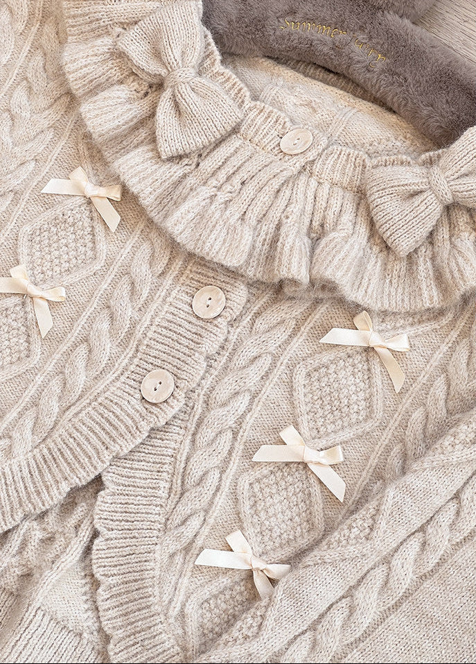 Ruffle Ribbon Lantern Sleeve Knit Cardigan