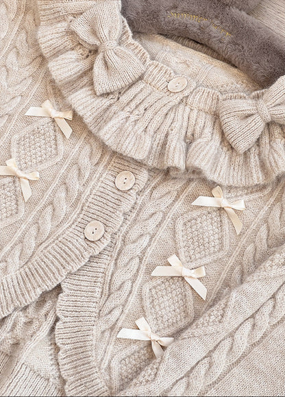 Ruffle Ribbon Lantern Sleeve Knit Cardigan