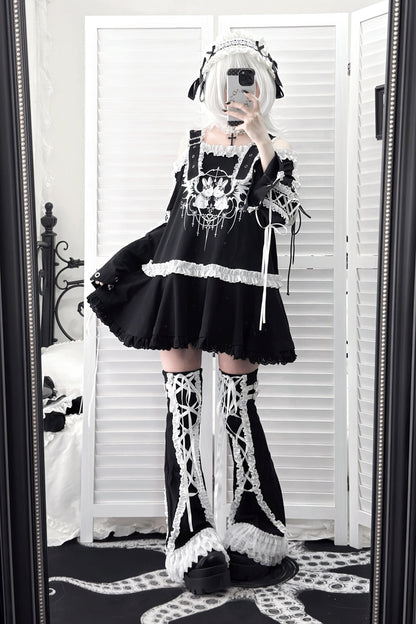 【9月15日予約締切】Dark Punk Gothic Rabbit Print Off Shoulder Long Sleeve Frill Lace Dress