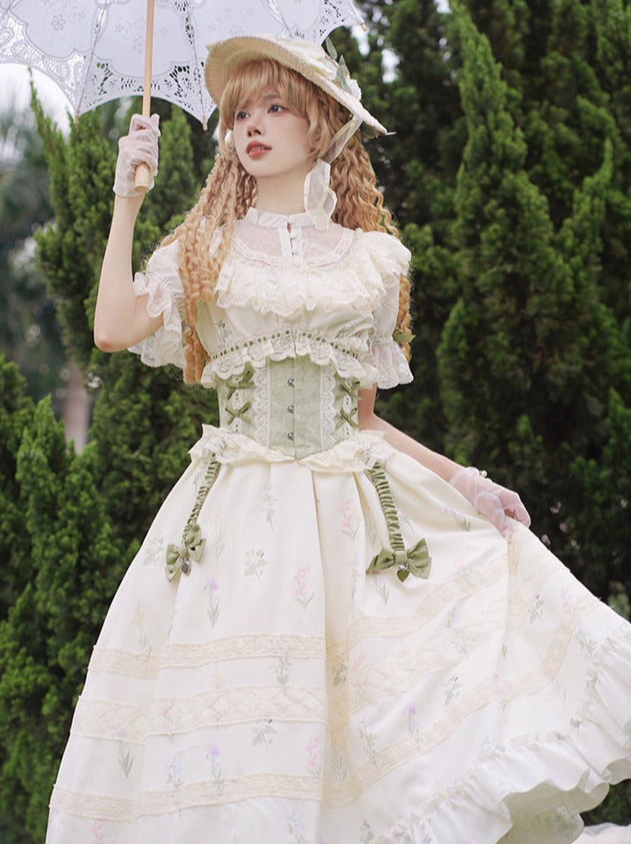 Elegant Print Op Fishbone Girdle Summer Lolita Dress + Corset