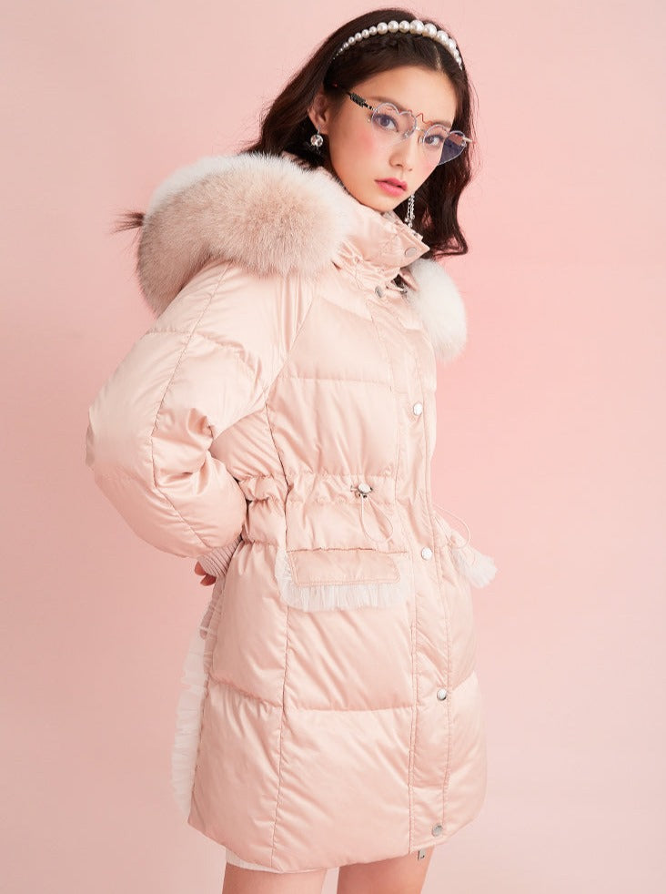 Pink Mid Length Fox Fur White Duck Down Jacket