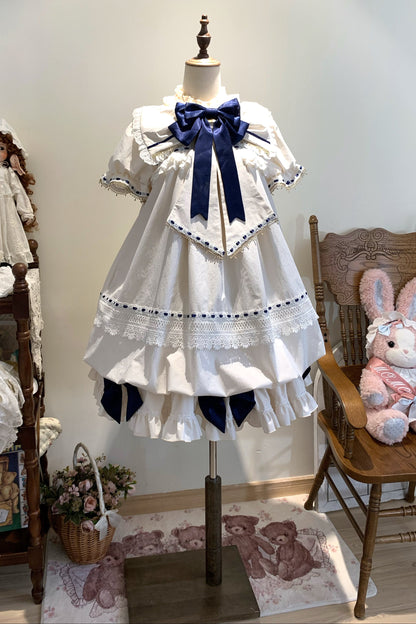 【9月19日予約締切】Pink x Beige / Dark Blue x Beige Doll Style Sweet Lolita Bow Lace Puff Sleeve Dress + Dress Set + Full Set