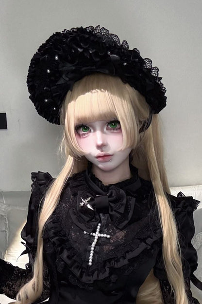 [Deadline for reservations: November 21] Night Cross Dark Elegant Gothic Lolita Pearl Ribbon Bonnet