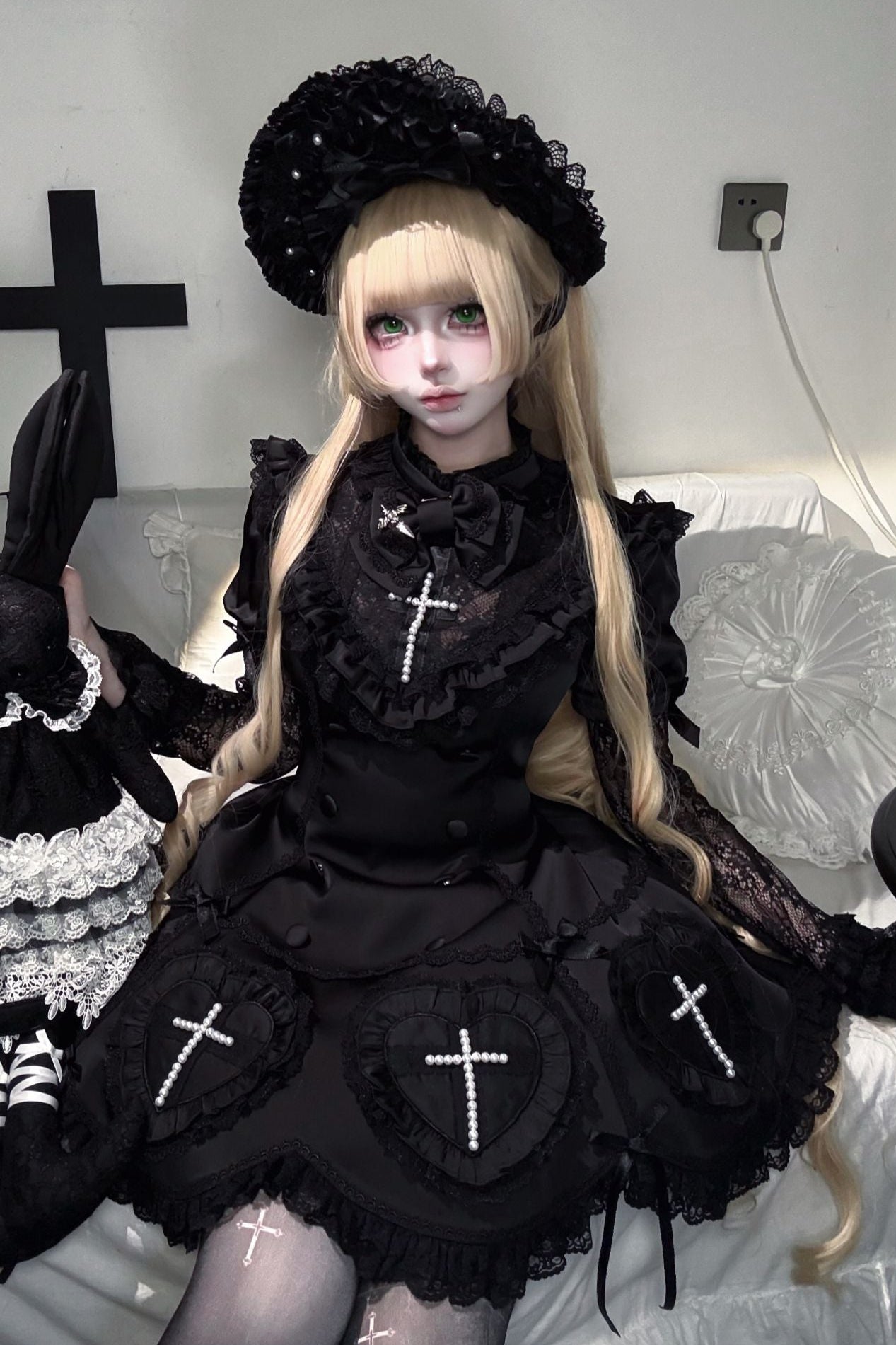 【12月6日予約締切】Night Crossダークエレガントゴシックロリータジュエルリボンケープ＋ショートドレス