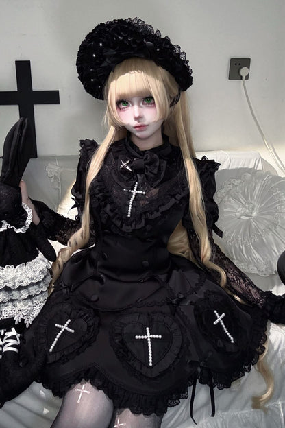 【12月6日予約締切】Night Crossダークエレガントゴシックロリータジュエルリボンケープ＋ショートドレス