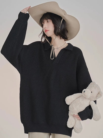 Polo Collar V-Neck Wave Knit Loose Sweater