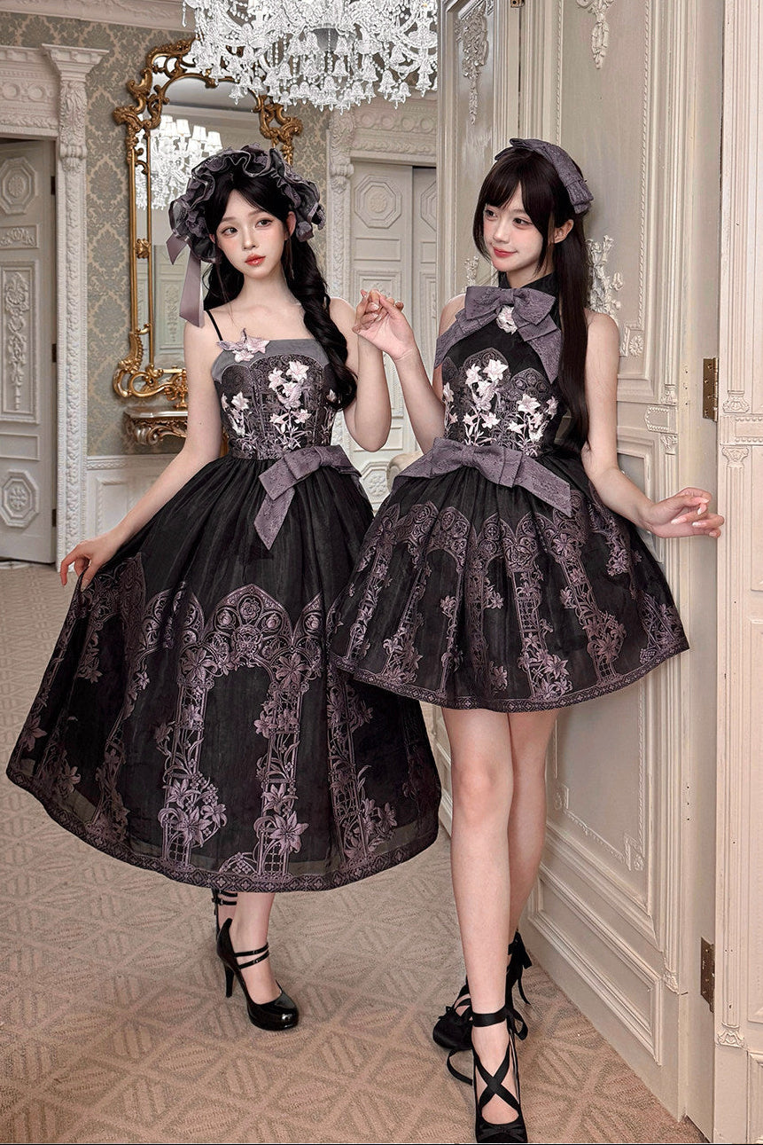 [Scadenza prenotazioni 98] Abito Lolita stile cinese con scollo all'americana, fiocco e ricamo giglio effetto vetrata, nero x viola / bianco x viola