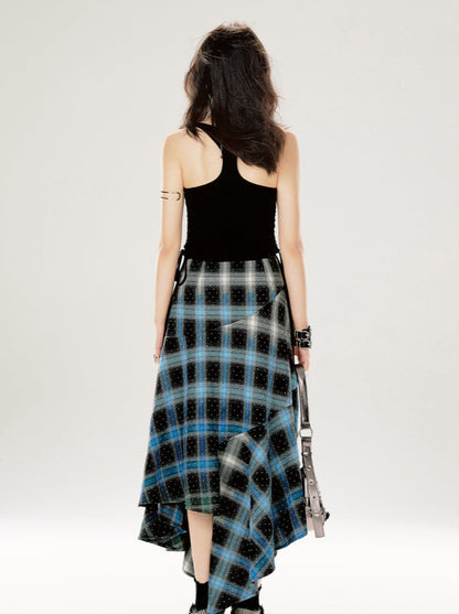 Gradient Contrast Color Checked Irregular Skirt
