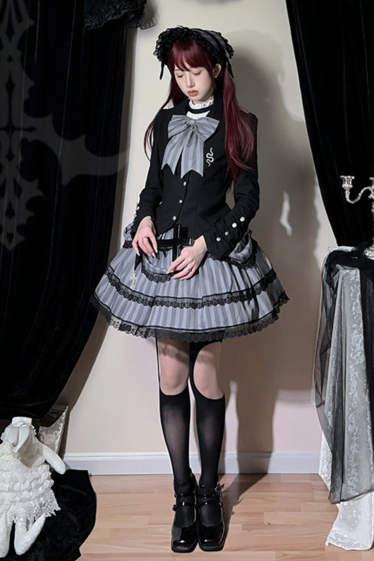 Striped gothic skirt + asymmetrical fitted jacket + jumper skirt