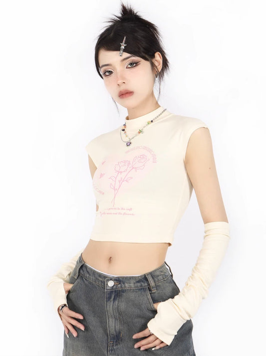 Rose short French T -shirt with American retro sleeve