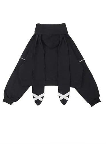 Bunny Ears Hoodie Zip Sleeve Short Loose Sweatshirt