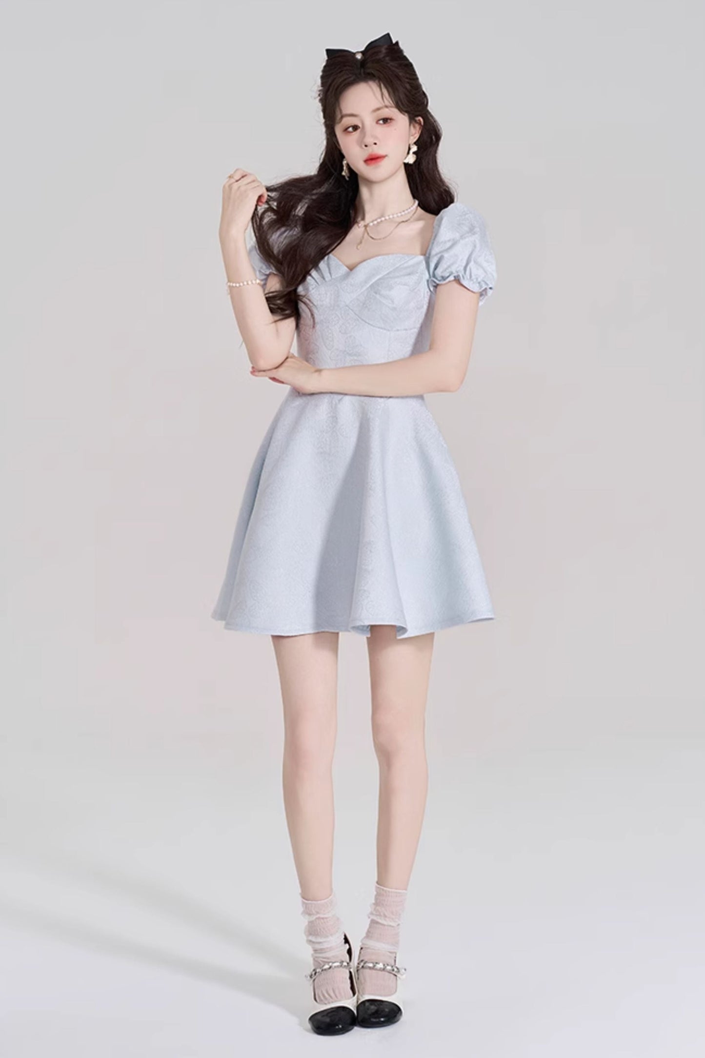Blue Sweet French Puff Sleeve Dress