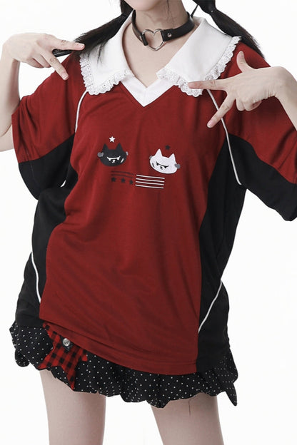 レースカラーオーバートップス＋バルーンスカート＋ロングパンツ＋レッグウォーマー