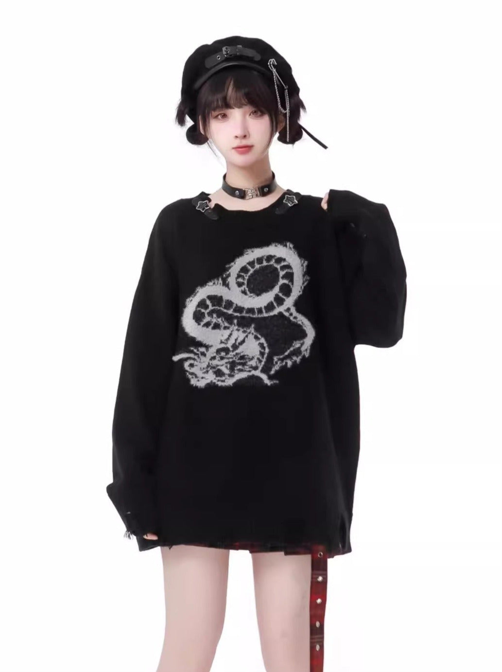 Star Leather Buckle Dragon Plash Knit Sweater