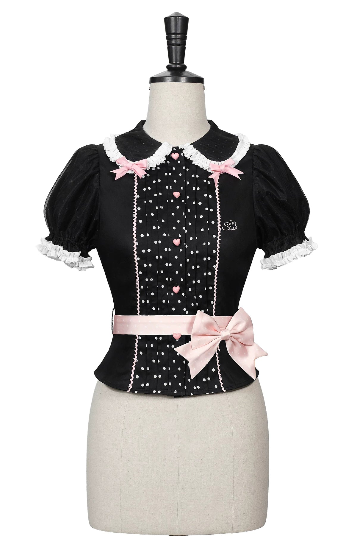 [Reservierungsschluss am 105] Sweet-Lolita-Hemd mit Peter-Pan-Kragen, Polka-Dots und Taillenband + Rock mit dreifacher Schleife + Set