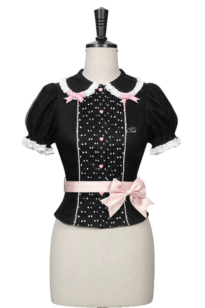 [Reservierungsschluss am 105] Sweet-Lolita-Hemd mit Peter-Pan-Kragen, Polka-Dots und Taillenband + Rock mit dreifacher Schleife + Set