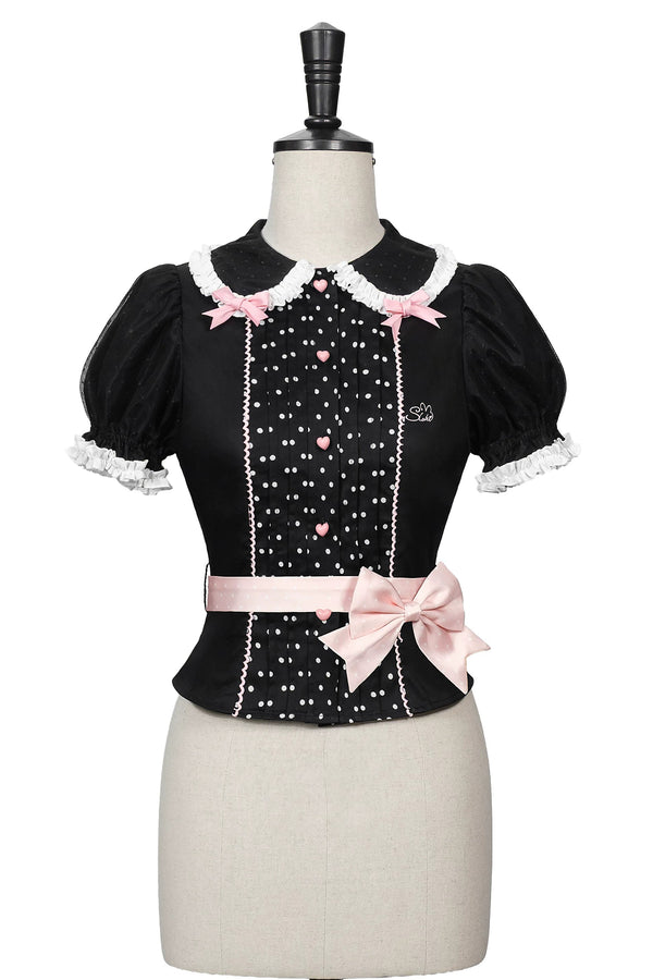 【10月5日予約締切】Sweet Lolita Peter Pan Collar Polka Dot Shirt with Waist Ribbon + Triple Bow Skirt + Set