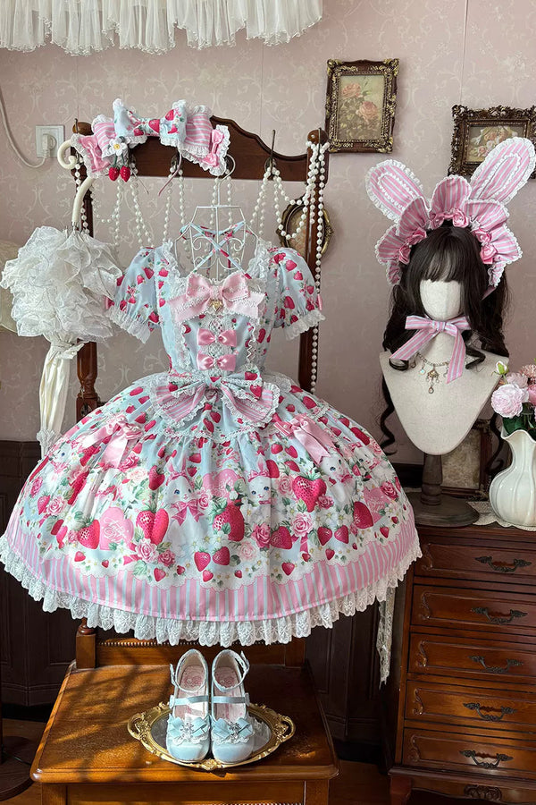 [Pre-order Deadline: April 29] Strawberry Rabbit Print Lace Ribbon Sweet Dress + Complete Set