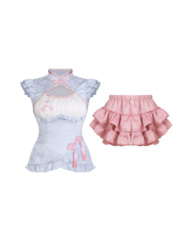 ココナッツ プリントトップス + ピンクジャガードケーキスカート