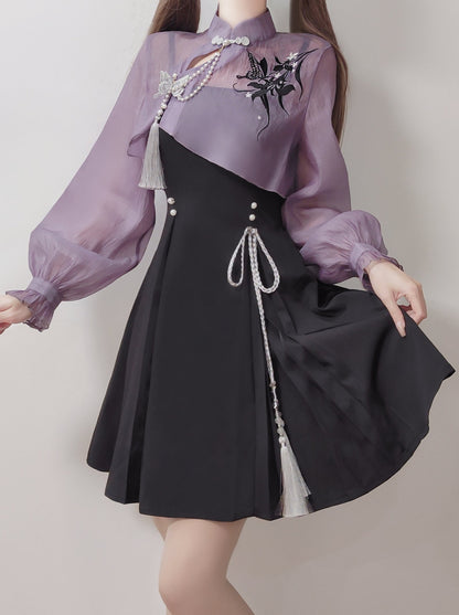 China Embroidery Short Top + Suspender Skirt Suit