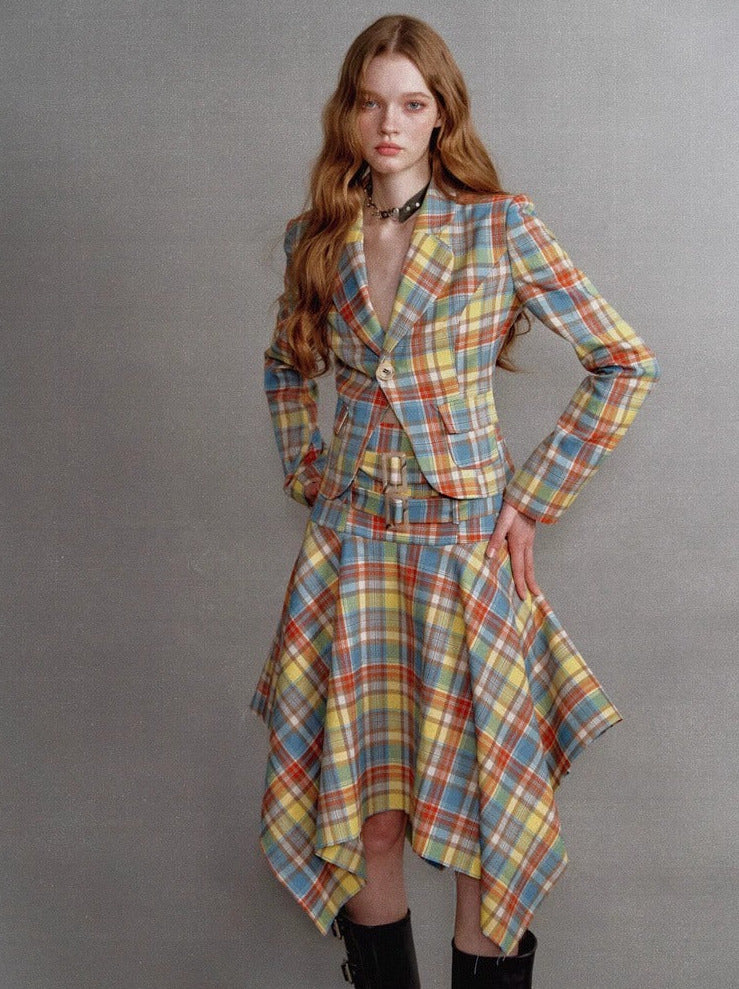 Retro Check Waist One Button Blazer Irregular Skirt Suit