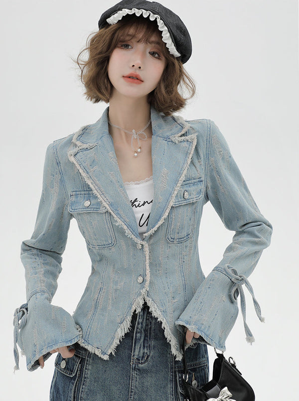 アメリカンレトロウォッシュスーツカラーデニムジャケット