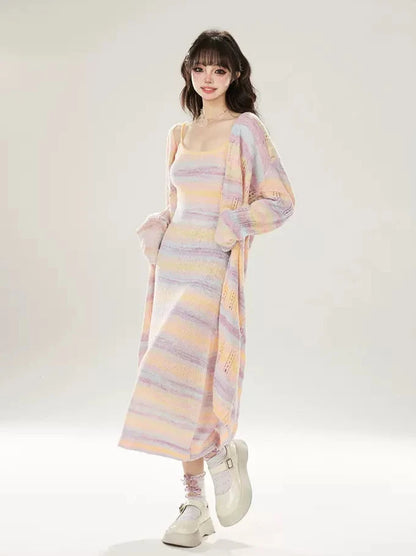 11SH97 Rainbow Stripes Contrasting Knitted Slip Dress Women's Summer New Sweet Slim Long Dress