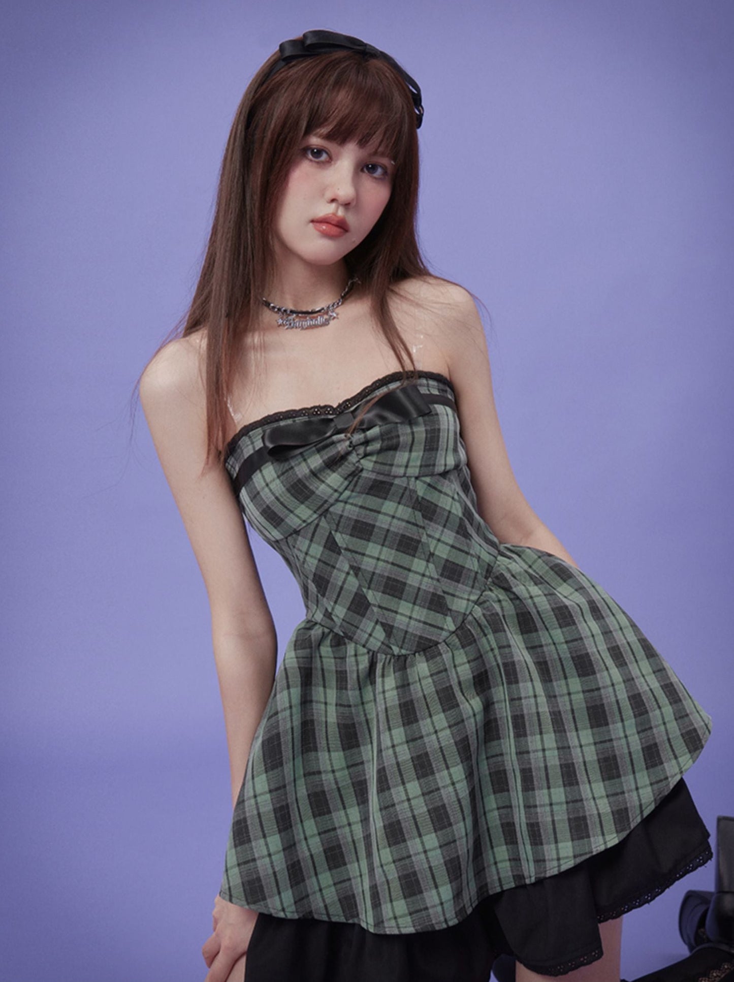 Wizard Green Check Bow Tube Top Dress