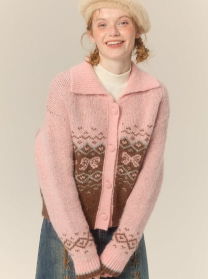 Fair Isle Sweater Ribbon Knit Cardigan