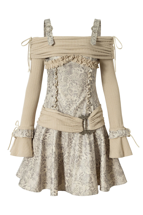 レトロパンクオフショルパッチワークドレス