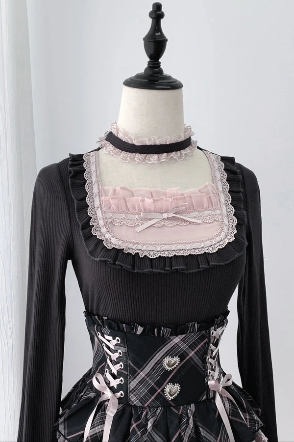 [Pre-order Deadline: October 30] Black Pink Lace Trim Square Neck Choker Design Knit Top + Lace Trim Plaid Tiered Skirt