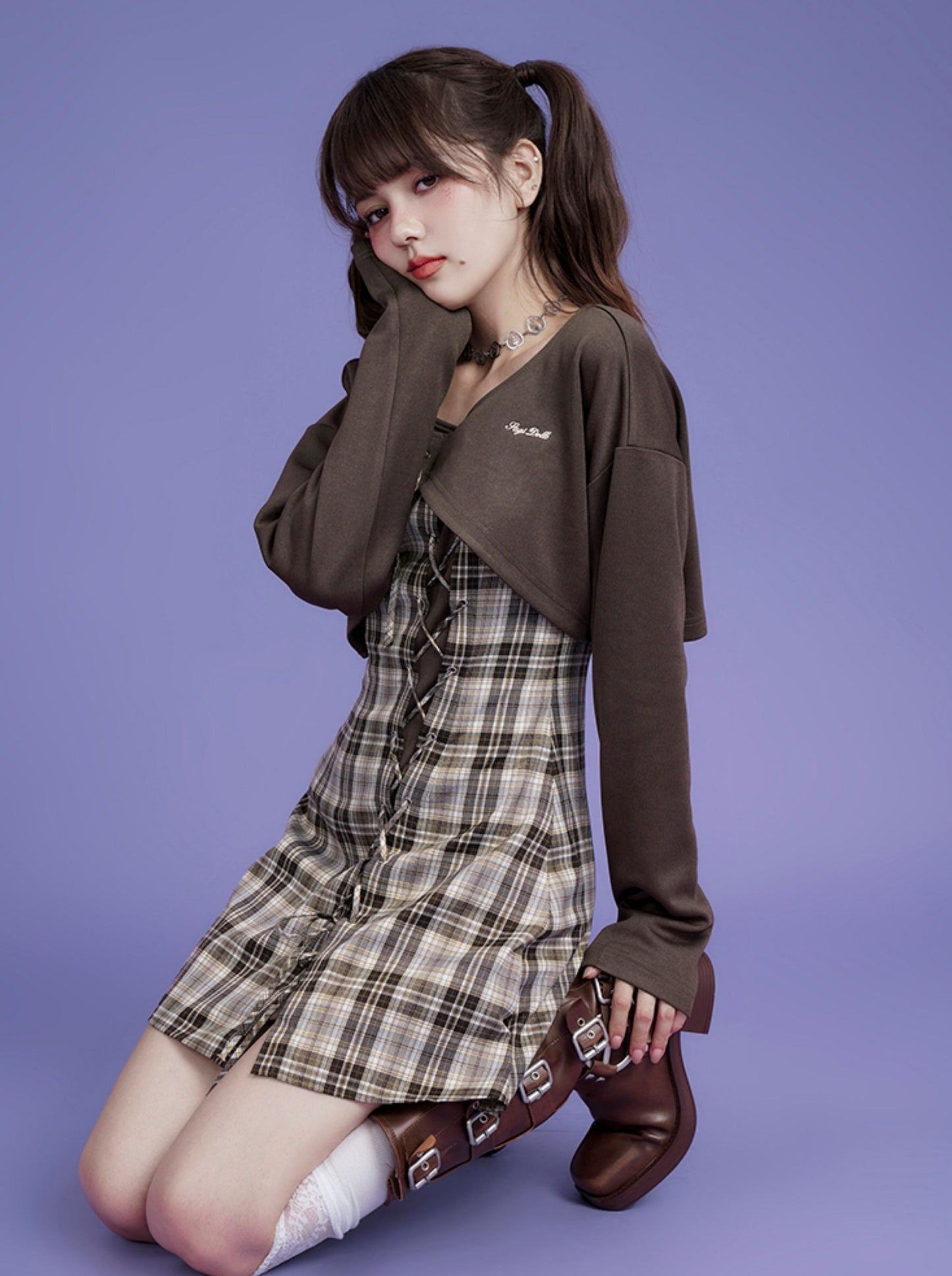 Logo Sweat Top + Check Lace-Up Camisole Dress