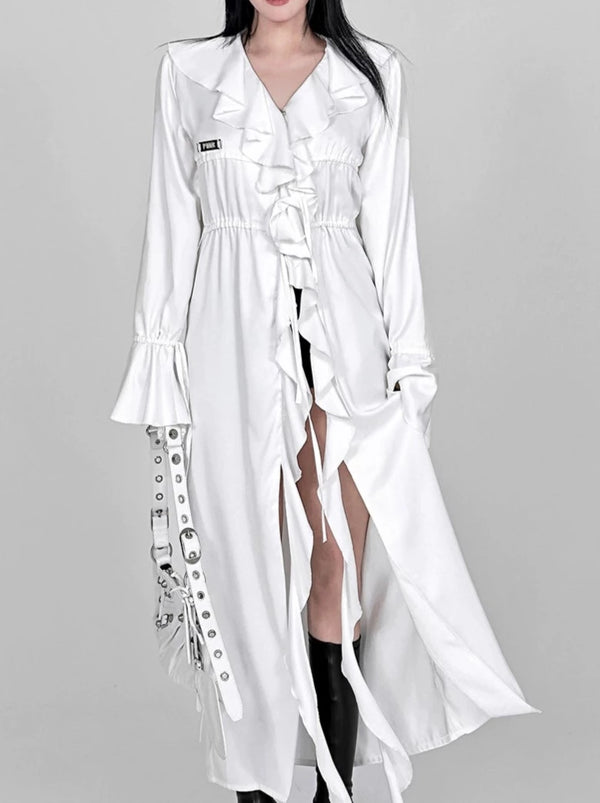 Frilled Lace Drawstring Waist Shirt Extra Long Jacket