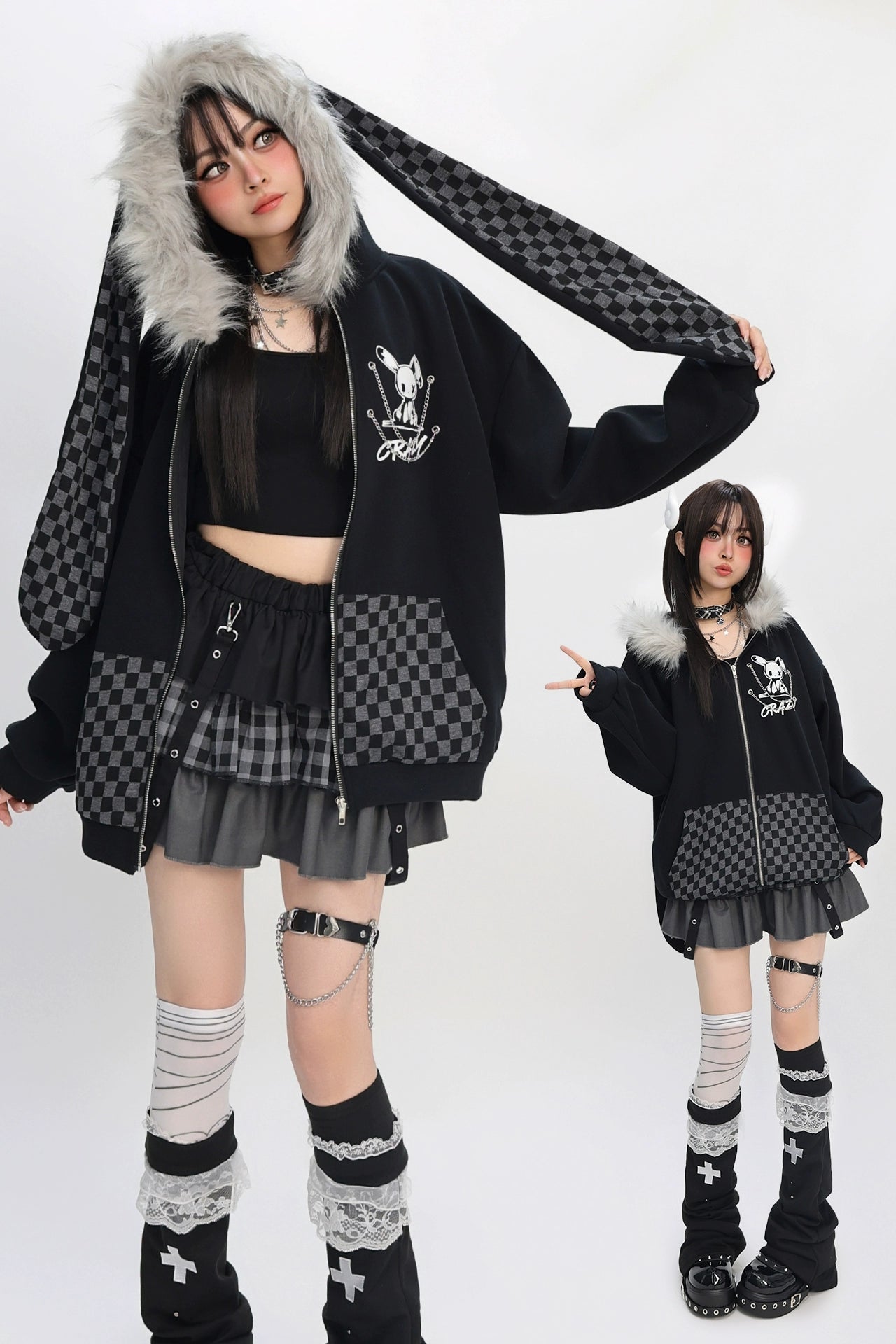 ファーチェックラビットフードパーカー