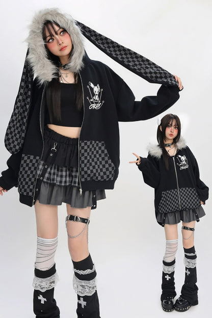 ファーチェックラビットフードパーカー