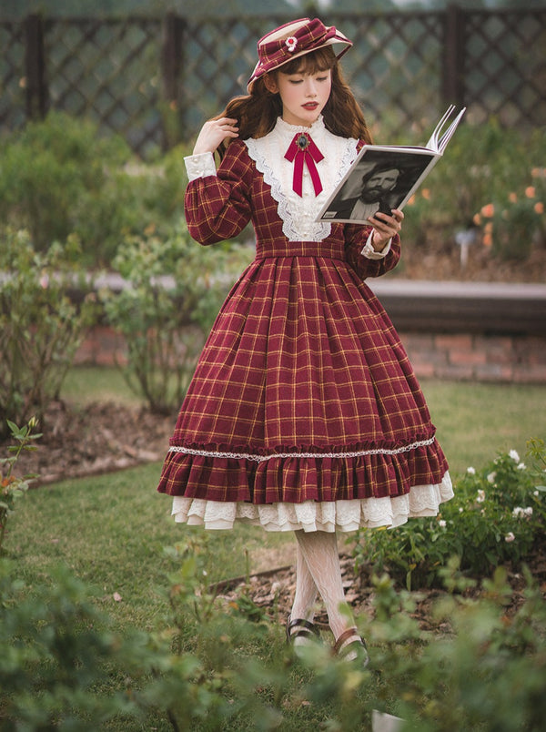 Retro Girl Volume Check Lolita Dress [Reserved Product]