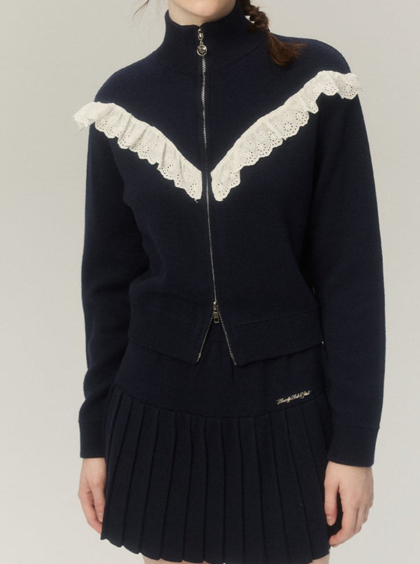 レースジップアップカジュアルレトロガーリートップス＋プリーツスカート