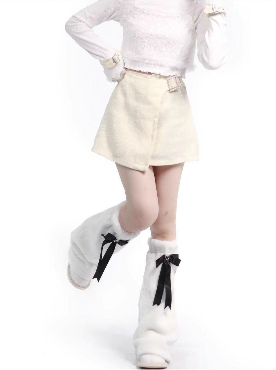 Pure White Snow Fur Jacket Top Skirt Leg Warmer Set