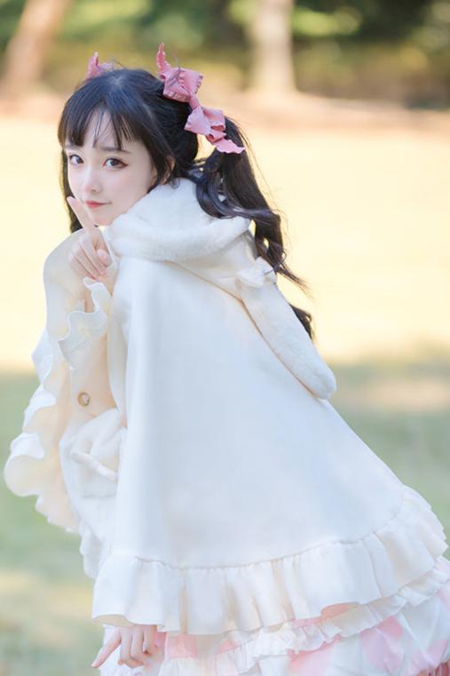 [Reservation product] Rabbit Ears Fur Hoodie Plus Velvet White Lolita Cloak