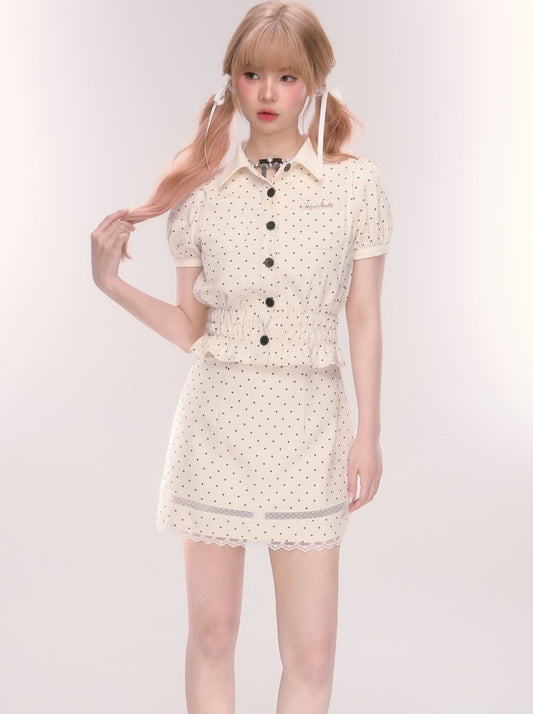 QDQD Sweet Polka Dot Suit Women's Summer Cropped Babydoll Shirt Lapel Daughter's Style Shirt Top Skirt