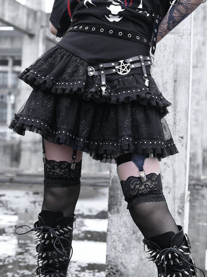 Punk Leather Buckle Rivet Layer Metal Cake Skirt