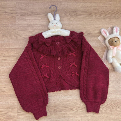 Ruffle Ribbon Lantern Sleeve Knit Cardigan