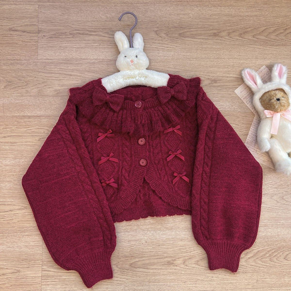 Ruffle Ribbon Lantern Sleeve Knit Cardigan