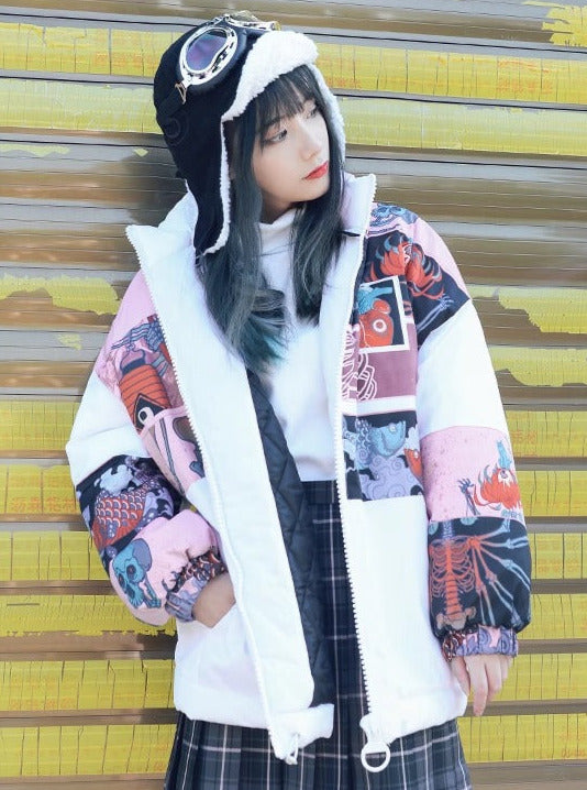 Dark Printed Stand Collar Cotton Down Jacket