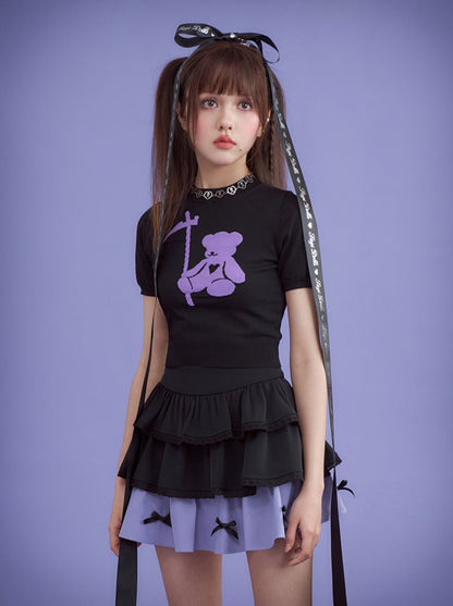 SagiDolls Girl's Fighting Spirit, Black Purple Sweet Cool Bear Ice Silk 短袖针织套头衫，轻薄、凉爽、百搭。